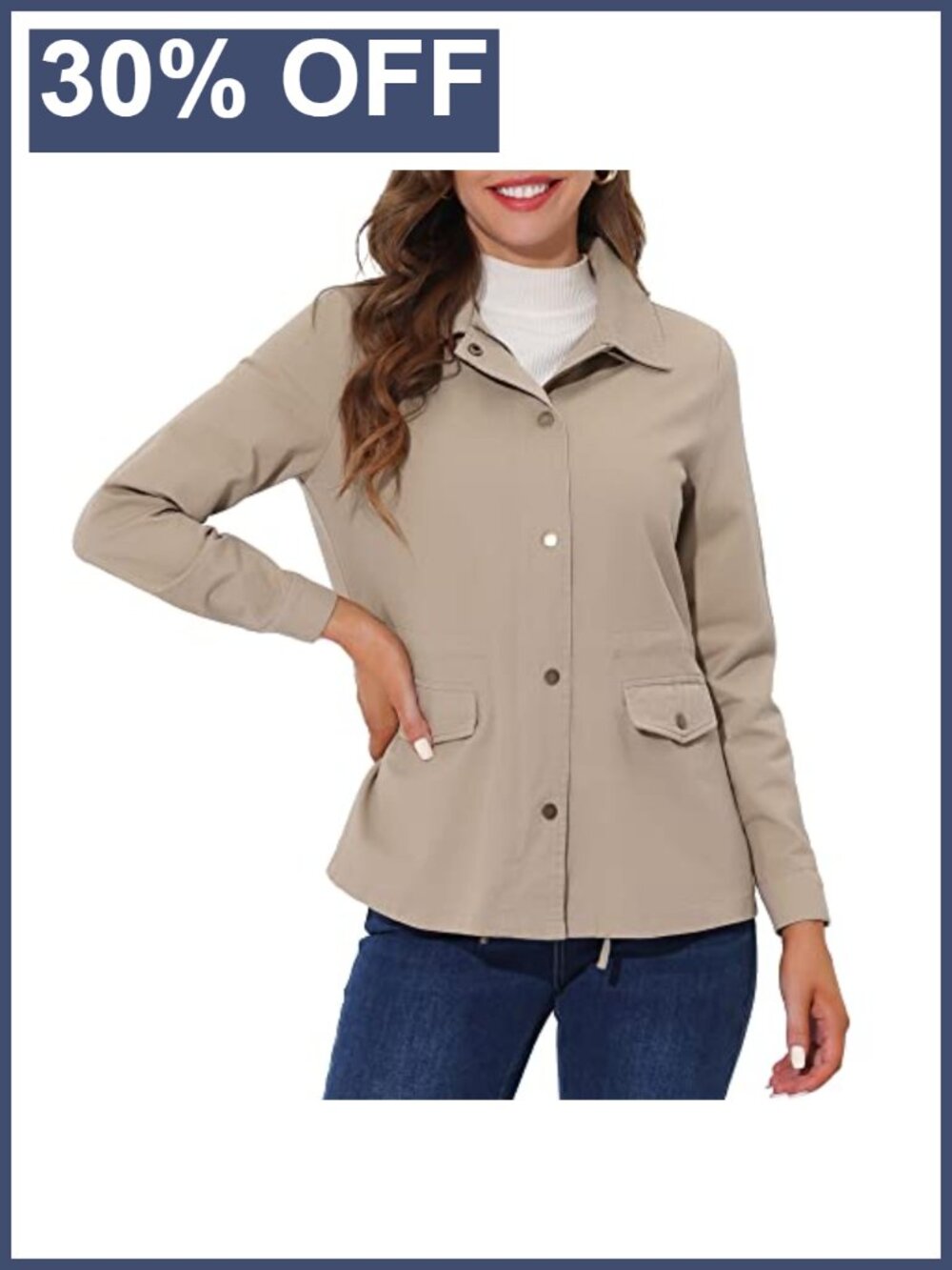 Allegra K Women's Utility Jacket Zip Up Drawstring Waist with Pockets